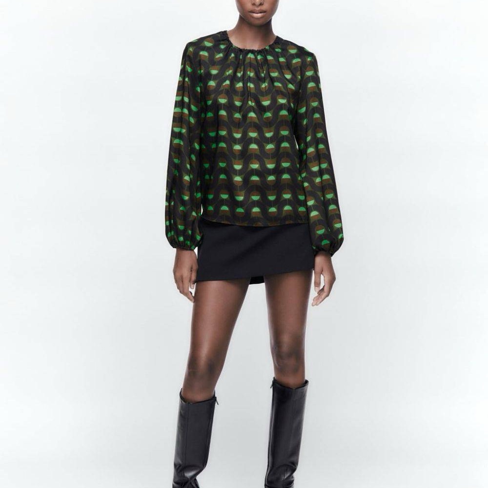 Zara Women's Green and Black Geometric Print Blouse pleated neckline retro
